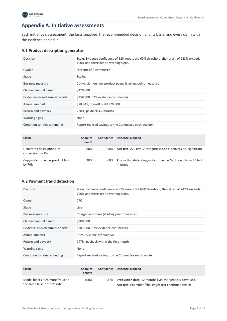 Sample board paper, page 8: Appendix A: each initiative and its evidence